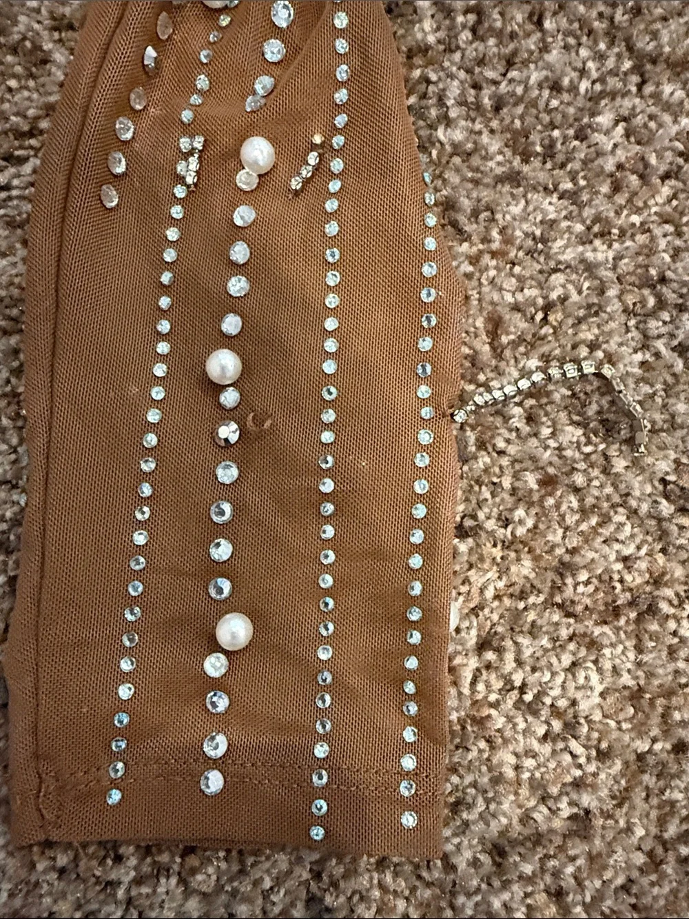 Banjul Tan Long Sleeve Crystal-Embellished Evening Gown - Picture 4 of 8